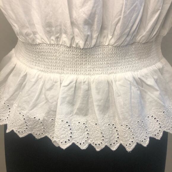 Topshop Shirred Embroidered White Ruffle Blouse Blouson Sleeves Size 6 Victorian - Picture 8 of 15